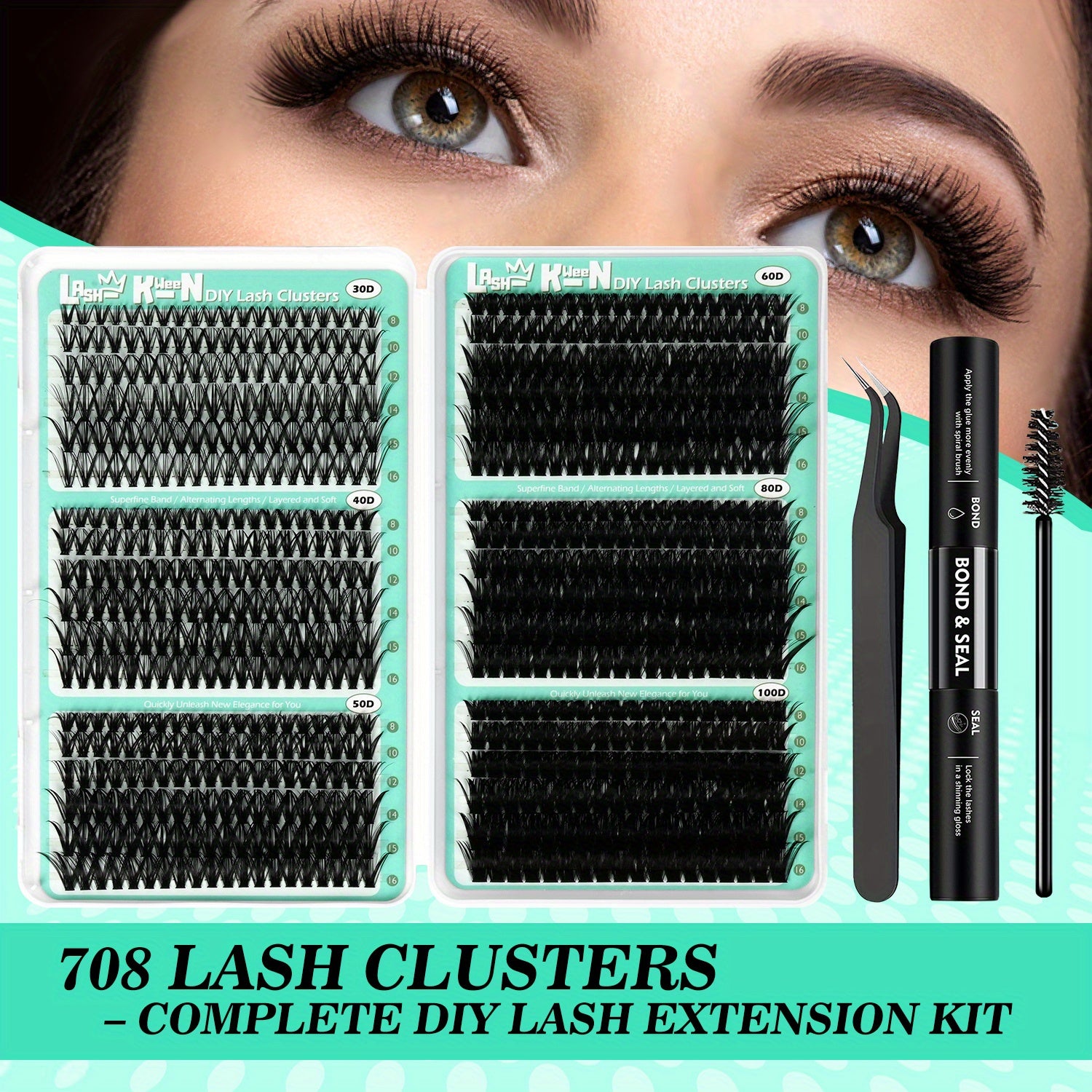 708pcs Mega Lash Clusters Kit with Tweezers, Glue & Brush - Soft Silky Fiber False Eyelashes, 0.07mm Ultra-Thin & Lightweight, 10-18mm Lengths, Natural/Cat-Eye/Volume Styles, Reusable Lash Extensions for Parties, Weddings, Da