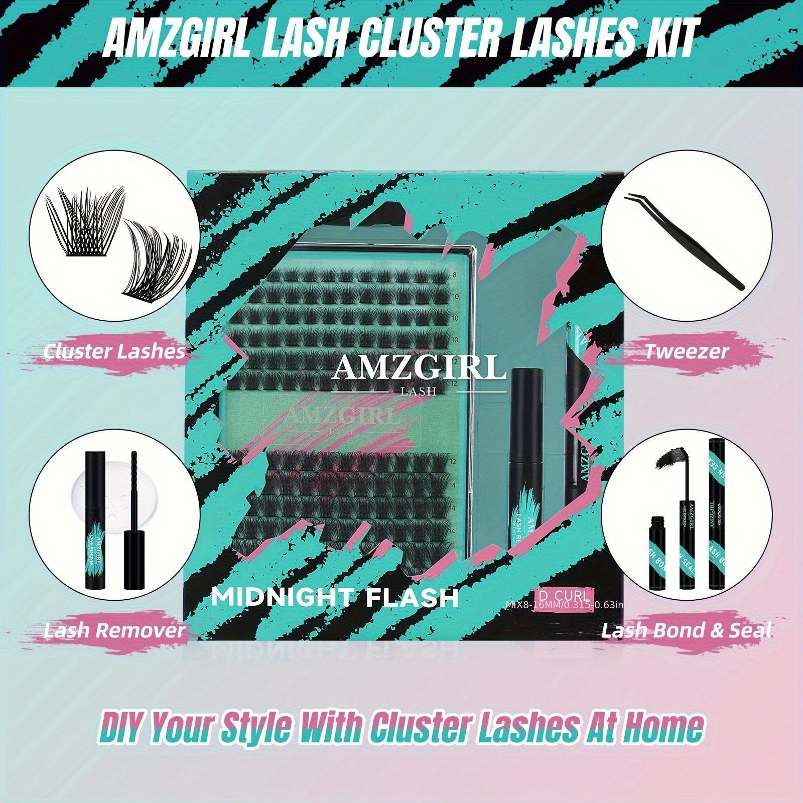 144PCS AMZGIRL LASH Midnight DIY Lash Extension Kit with Lash Bond and Seal, Lash Glue Remover, Applicator for Individual False Eyelashes (D-Mix 8-16mm Kit) for Halloween