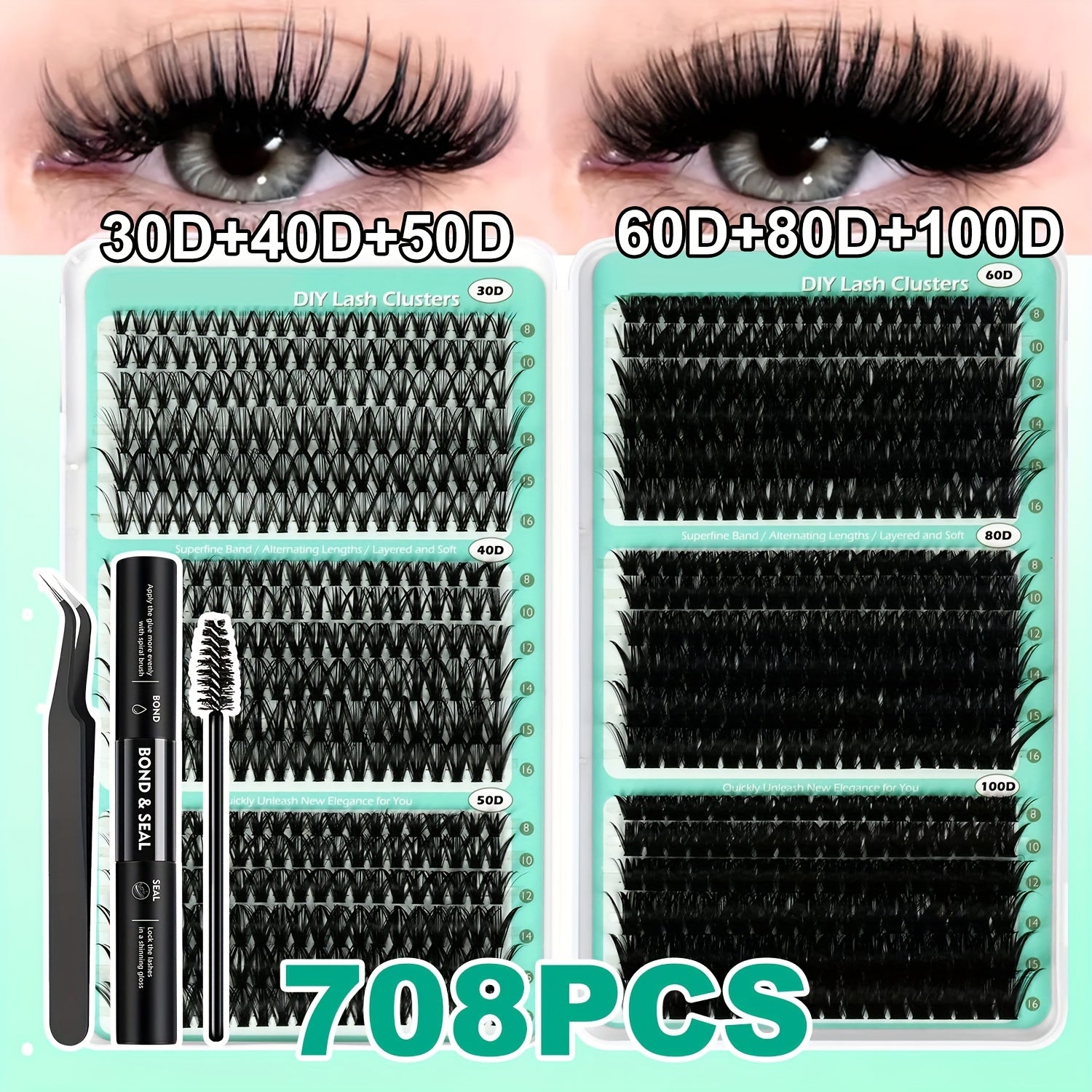 708pcs Mega Lash Clusters Kit with Tweezers, Glue & Brush - Soft Silky Fiber False Eyelashes, 0.07mm Ultra-Thin & Lightweight, 10-18mm Lengths, Natural/Cat-Eye/Volume Styles, Reusable Lash Extensions for Parties, Weddings, Da