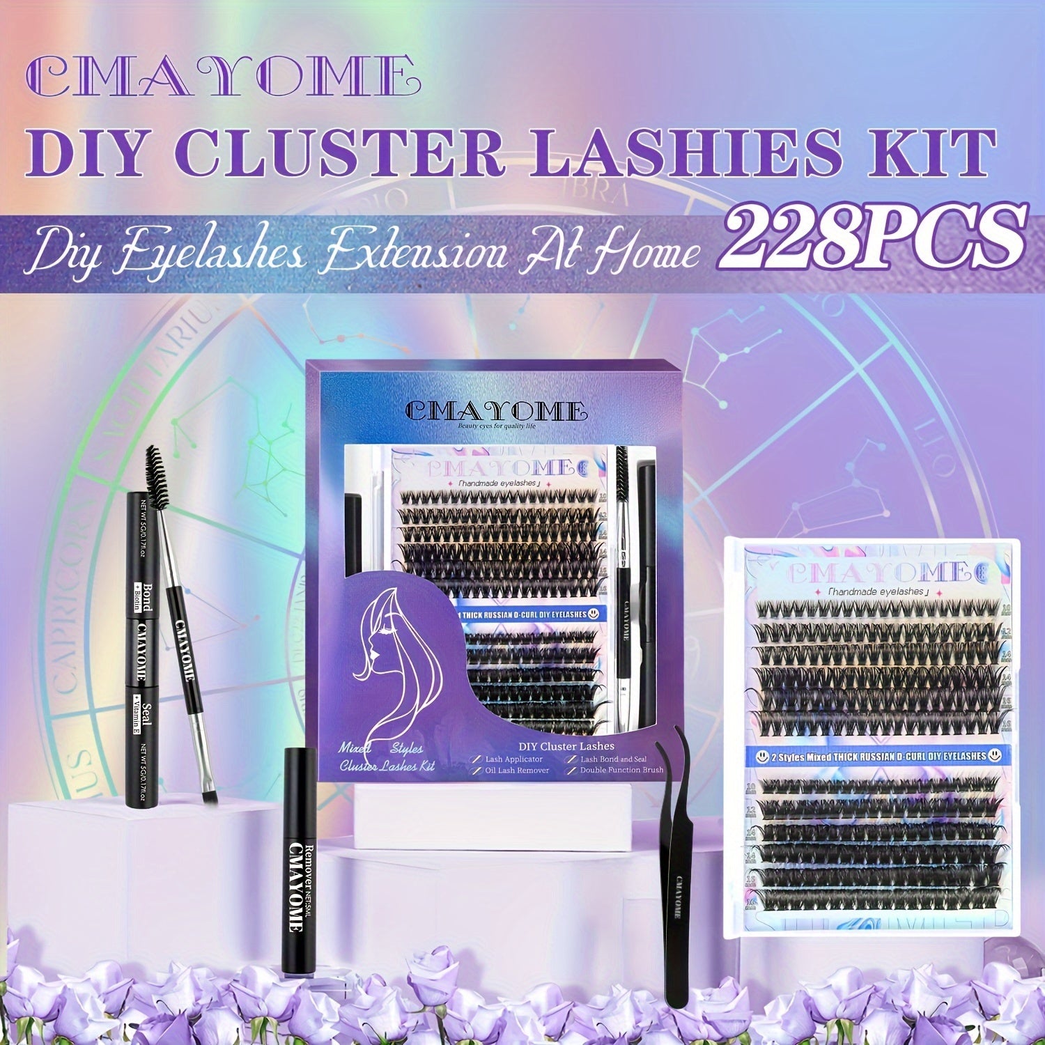 228/240pcs, Large Capacity False Eyelashes Gift Box, DIY-Lash-Extension-Kit, Lash Clusters With Lash Bond And Seal, Lash Glue Remover, Lash Applicator Super Thin Band & Soft