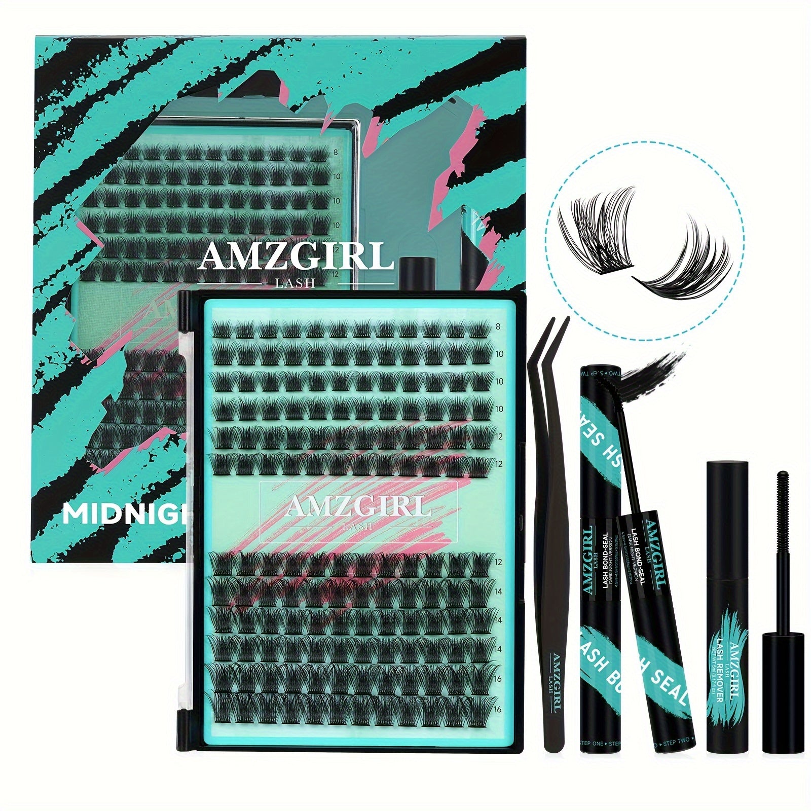 144PCS AMZGIRL LASH Midnight DIY Lash Extension Kit with Lash Bond and Seal, Lash Glue Remover, Applicator for Individual False Eyelashes (D-Mix 8-16mm Kit) for Halloween