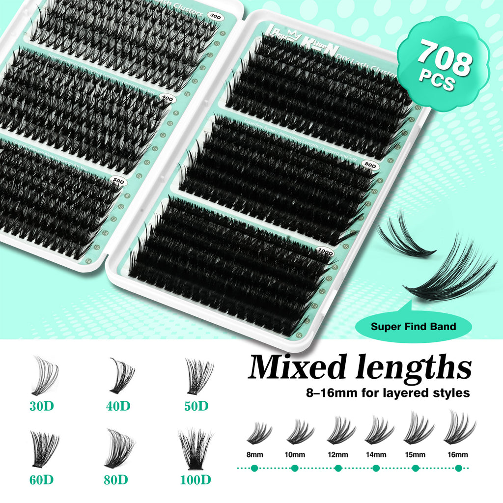 708pcs Mega Lash Clusters Kit with Tweezers, Glue & Brush - Soft Silky Fiber False Eyelashes, 0.07mm Ultra-Thin & Lightweight, 10-18mm Lengths, Natural/Cat-Eye/Volume Styles, Reusable Lash Extensions for Parties, Weddings, Da