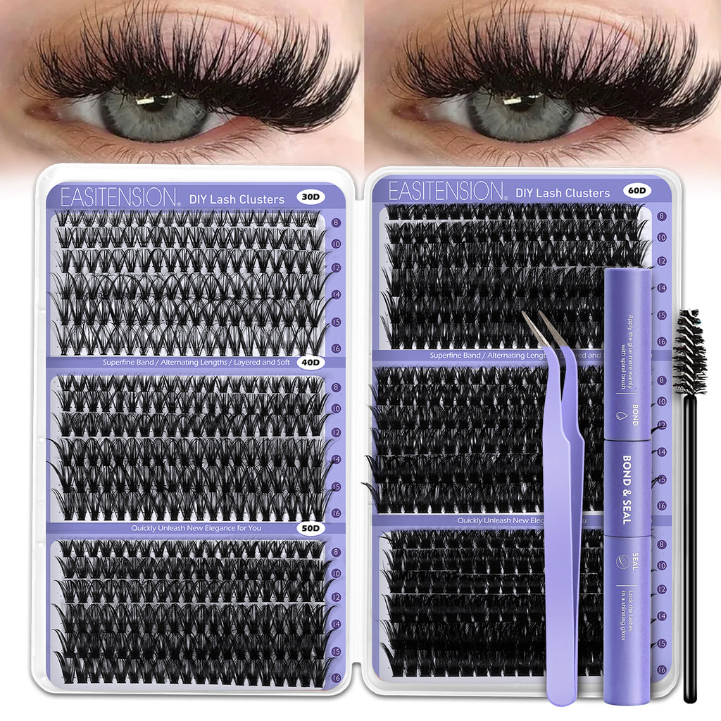 708pcs Mega Lash Clusters Kit with Tweezers, Glue & Brush - Soft Silky Fiber False Eyelashes, 0.07mm Ultra-Thin & Lightweight, 10-18mm Lengths, Natural/Cat-Eye/Volume Styles, Reusable Lash Extensions for Parties, Weddings, Da