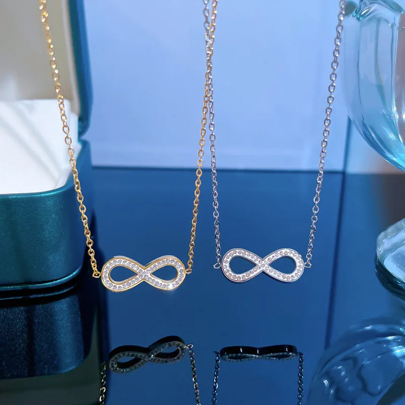 Fashion Simple Stainless Steel Infinity Pendant Necklace for Women Classic Lucky Zircon Love You Forever Jewelry Birthday Gift
