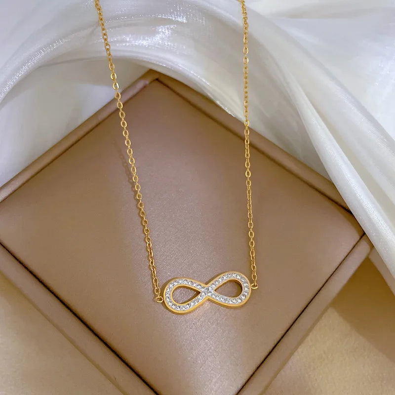 Fashion Simple Stainless Steel Infinity Pendant Necklace for Women Classic Lucky Zircon Love You Forever Jewelry Birthday Gift