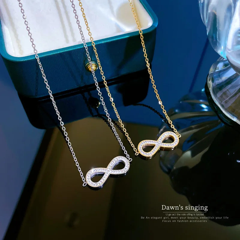 Fashion Simple Stainless Steel Infinity Pendant Necklace for Women Classic Lucky Zircon Love You Forever Jewelry Birthday Gift