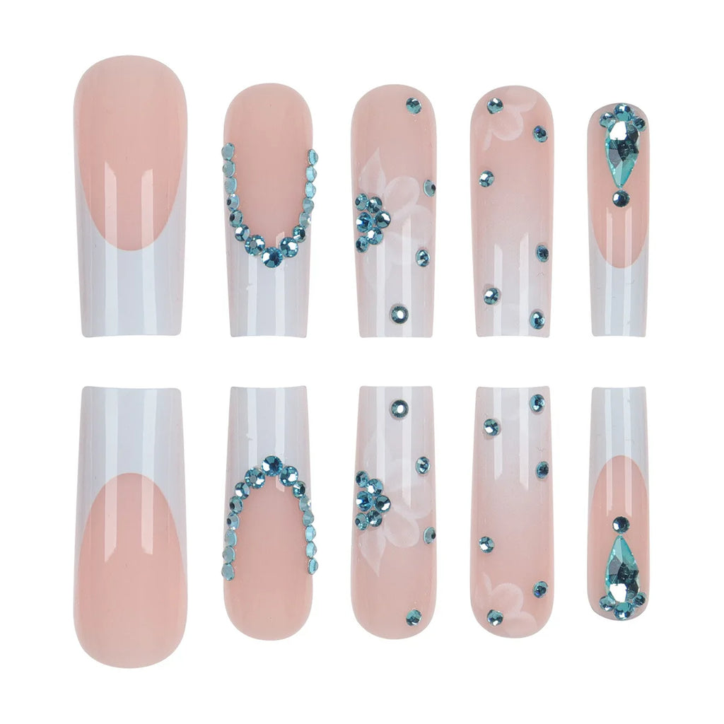 Hot-selling Long Wearable Nails with Ice-clear Sparkling Diamonds, Whitening Effect 24-piece False Nail Set for Wholesale