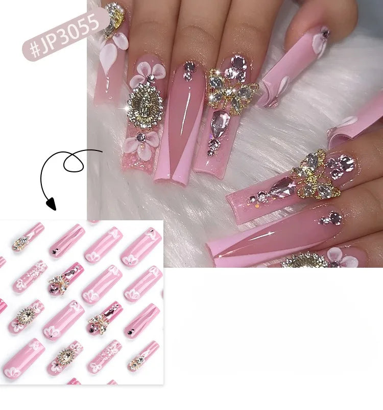 Dropshipping 24 Pcs 3D 3055 Sparkling Flower Pink French Gold Butterfly Ultra-Long Nails Press on Nails Artificial Fingernails