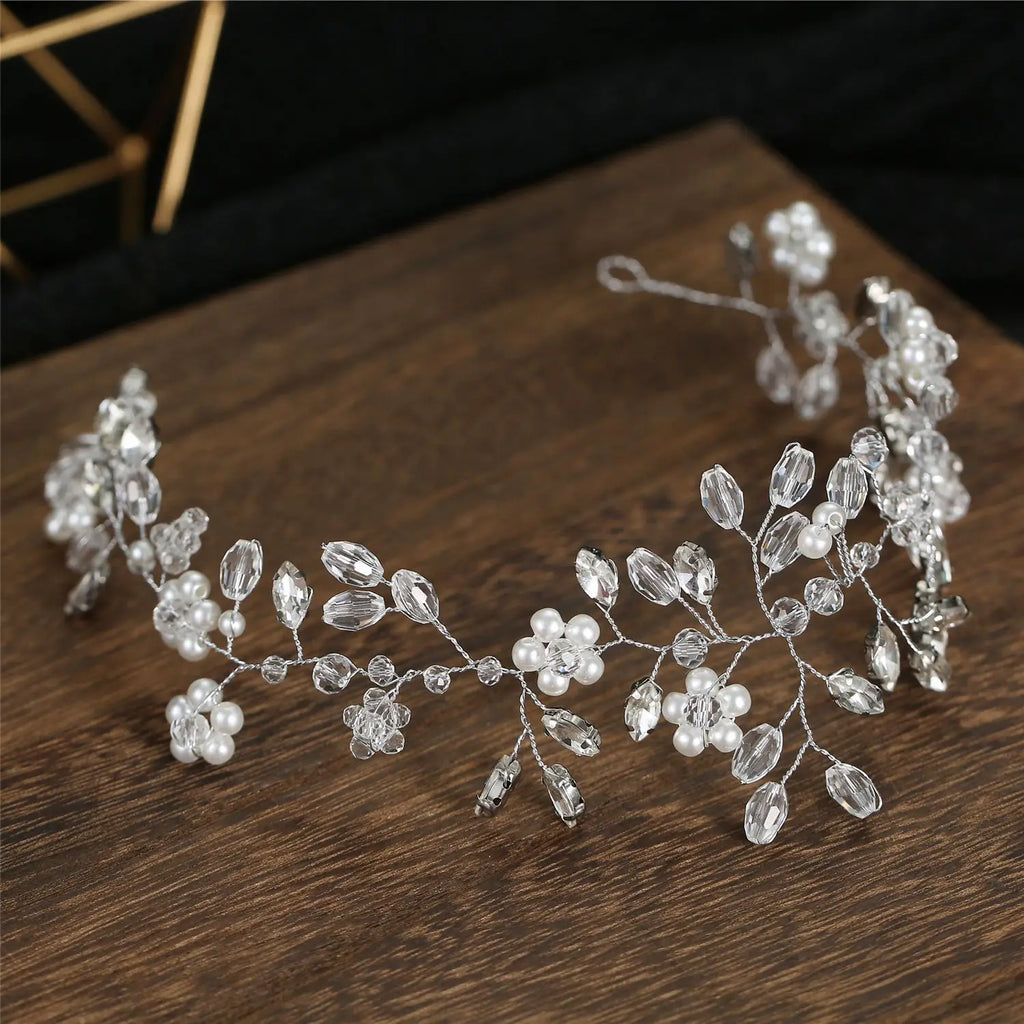 Europe and America Cross Border for Bridal Wedding Handmade Back of Head Pearl Crystal Flexible Chain Hair Band Accessories