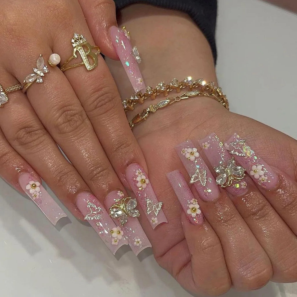 Wholesale 24 Pcs French-style Long Ballerina Coffin Sparkling Diamond Bling Nails Art Press on Nails Artificial Fingernails 3056