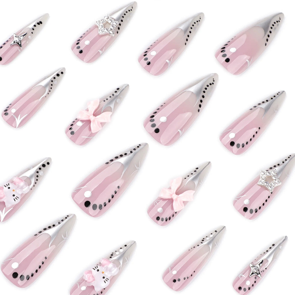 2026 Latest Models Y2K Metal-style Long Pointed Nails Full Cover Wearable Nail Art Japanese Cute Sweet False Nails Glue Finger