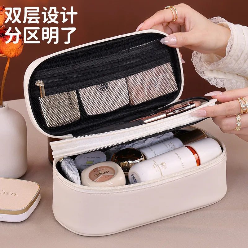 Light Luxury High-End Double-Layer PU Material Urban Simplicity Makeup Bag Large Capacity Portable Travel Waterproof Bag
