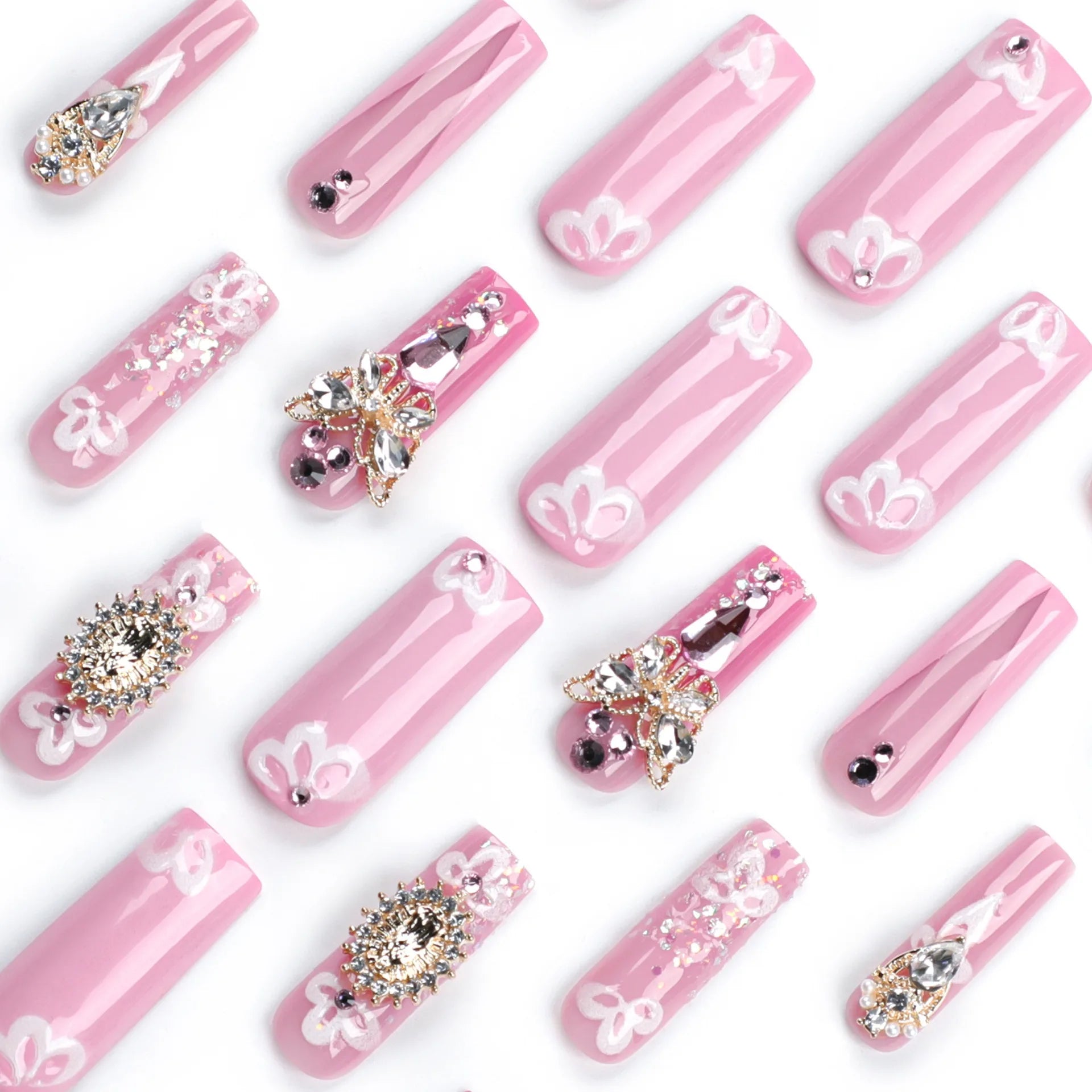 Dropshipping 24 Pcs 3D 3055 Sparkling Flower Pink French Gold Butterfly Ultra-Long Nails Press on Nails Artificial Fingernails