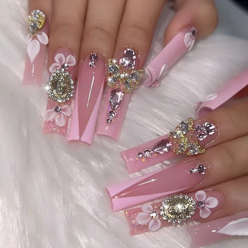 Dropshipping 24 Pcs 3D 3055 Sparkling Flower Pink French Gold Butterfly Ultra-Long Nails Press on Nails Artificial Fingernails