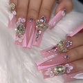 Dropshipping 24 Pcs 3D 3055 Sparkling Flower Pink French Gold Butterfly Ultra-Long Nails Press on Nails Artificial Fingernails