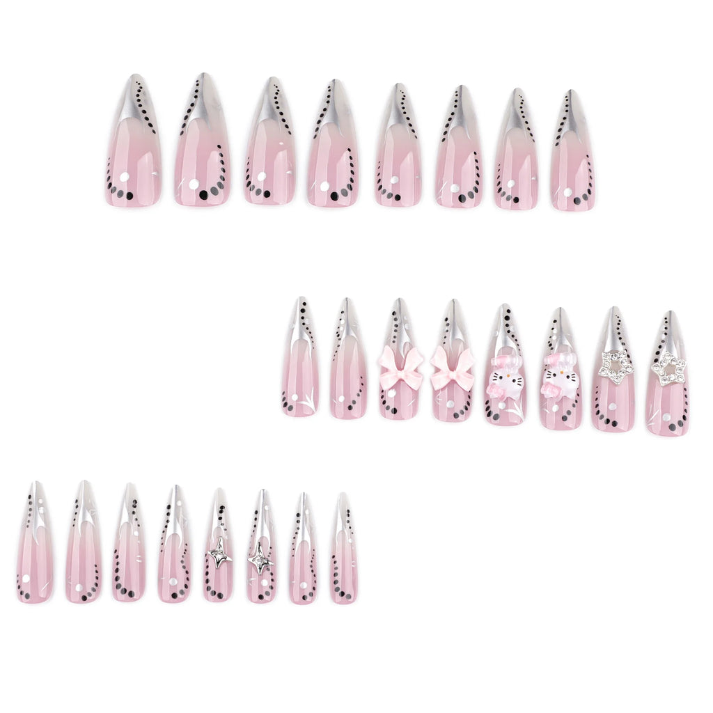 2026 Latest Models Y2K Metal-style Long Pointed Nails Full Cover Wearable Nail Art Japanese Cute Sweet False Nails Glue Finger
