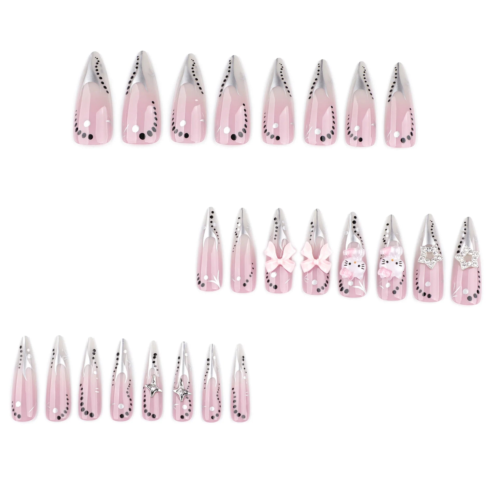 2026 Latest Models Y2K Metal-style Long Pointed Nails Full Cover Wearable Nail Art Japanese Cute Sweet False Nails Glue Finger