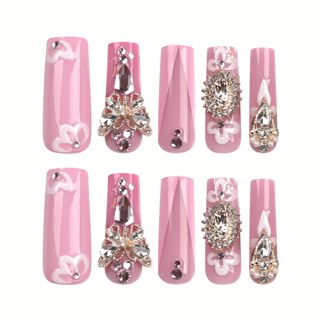 Dropshipping 24 Pcs 3D 3055 Sparkling Flower Pink French Gold Butterfly Ultra-Long Nails Press on Nails Artificial Fingernails