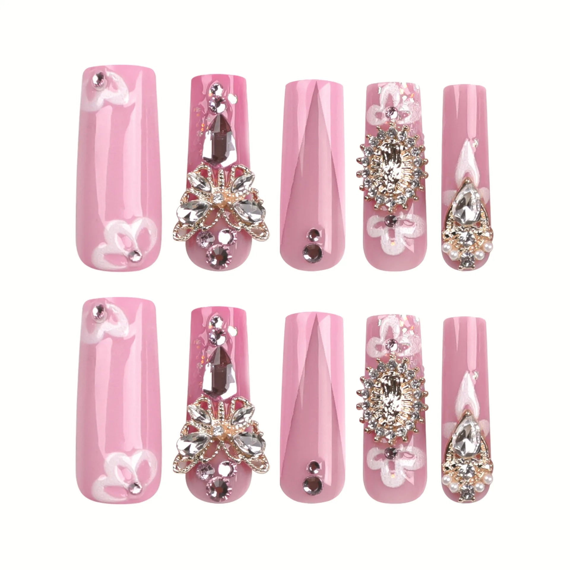 Dropshipping 24 Pcs 3D 3055 Sparkling Flower Pink French Gold Butterfly Ultra-Long Nails Press on Nails Artificial Fingernails