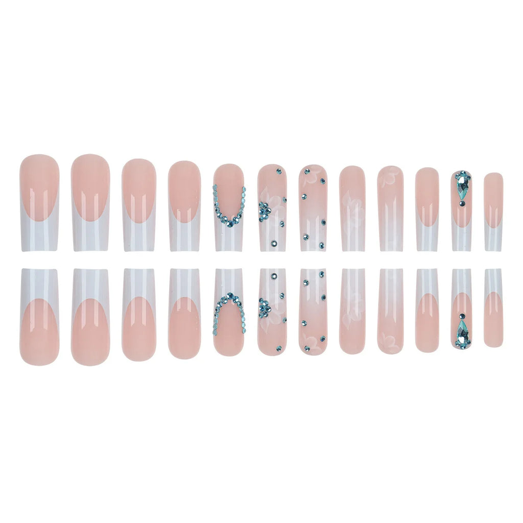 Hot-selling Long Wearable Nails with Ice-clear Sparkling Diamonds, Whitening Effect 24-piece False Nail Set for Wholesale