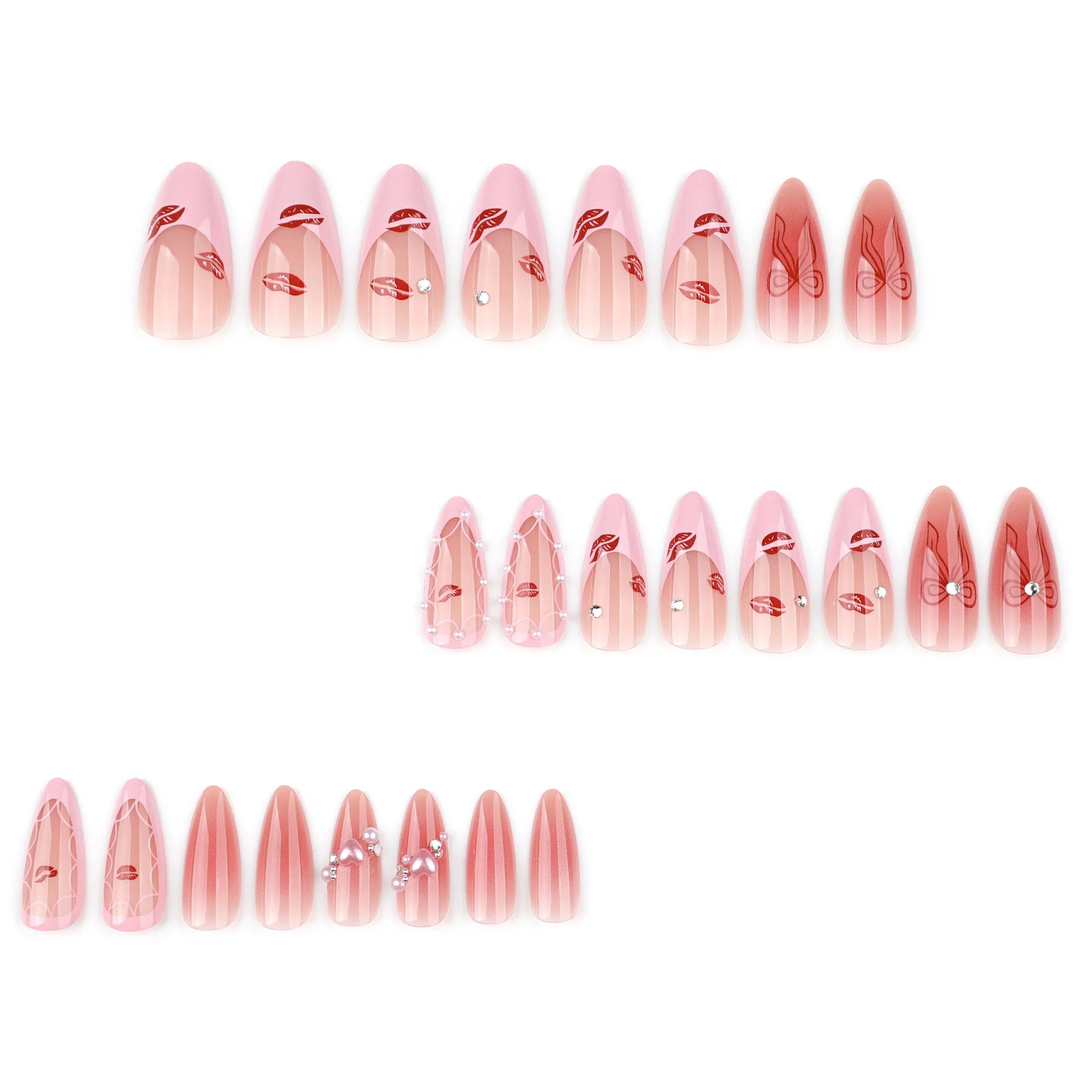 Wholesale 3824 Red Lip Print French Pink Almond Full Cover Design Acrylic False Nails Press on Nails with Glue Customize