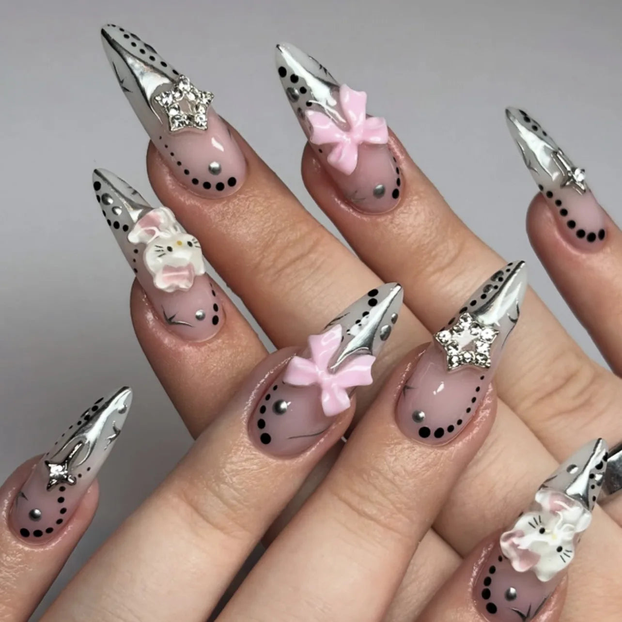 2026 Latest Models Y2K Metal-style Long Pointed Nails Full Cover Wearable Nail Art Japanese Cute Sweet False Nails Glue Finger