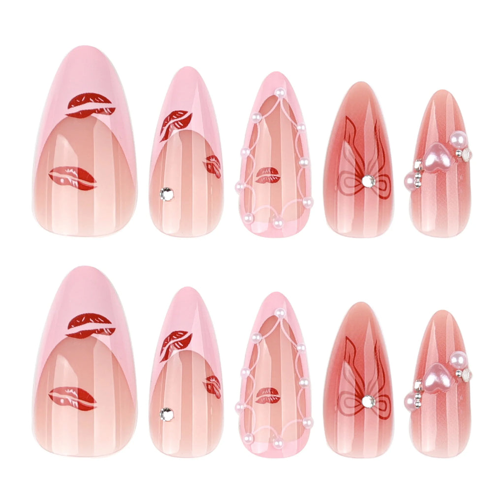 Wholesale 3824 Red Lip Print French Pink Almond Full Cover Design Acrylic False Nails Press on Nails with Glue Customize