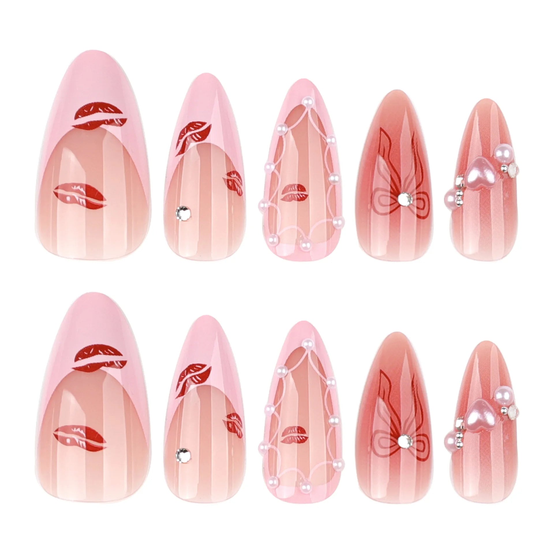Wholesale 3824 Red Lip Print French Pink Almond Full Cover Design Acrylic False Nails Press on Nails with Glue Customize