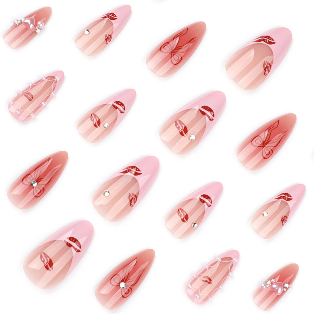 Wholesale 3824 Red Lip Print French Pink Almond Full Cover Design Acrylic False Nails Press on Nails with Glue Customize