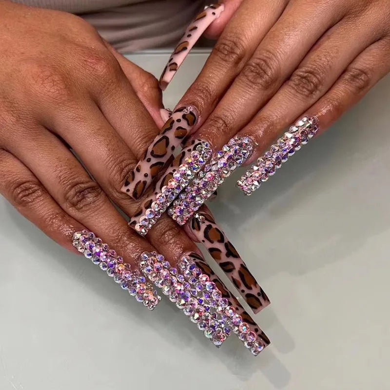Wholesale 24 Pcs French-style Long Ballerina Coffin Sparkling Diamond Bling Nails Art Press on Nails Artificial Fingernails 3056