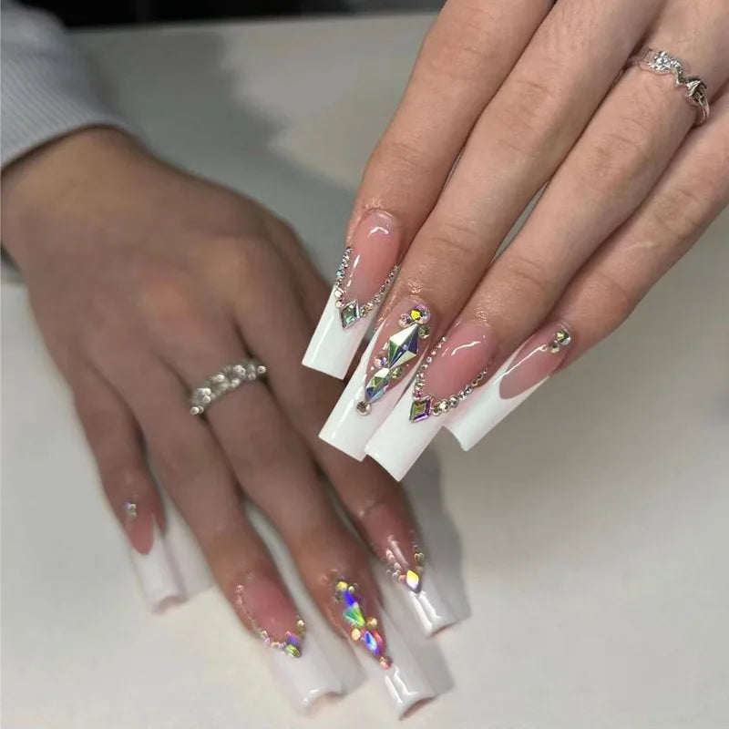 Wholesale 24 Pcs French-style Long Ballerina Coffin Sparkling Diamond Bling Nails Art Press on Nails Artificial Fingernails 3056