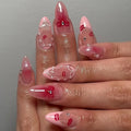 Wholesale 3824 Red Lip Print French Pink Almond Full Cover Design Acrylic False Nails Press on Nails with Glue Customize