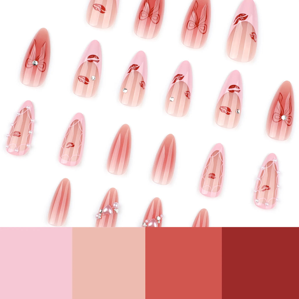 Wholesale 3824 Red Lip Print French Pink Almond Full Cover Design Acrylic False Nails Press on Nails with Glue Customize