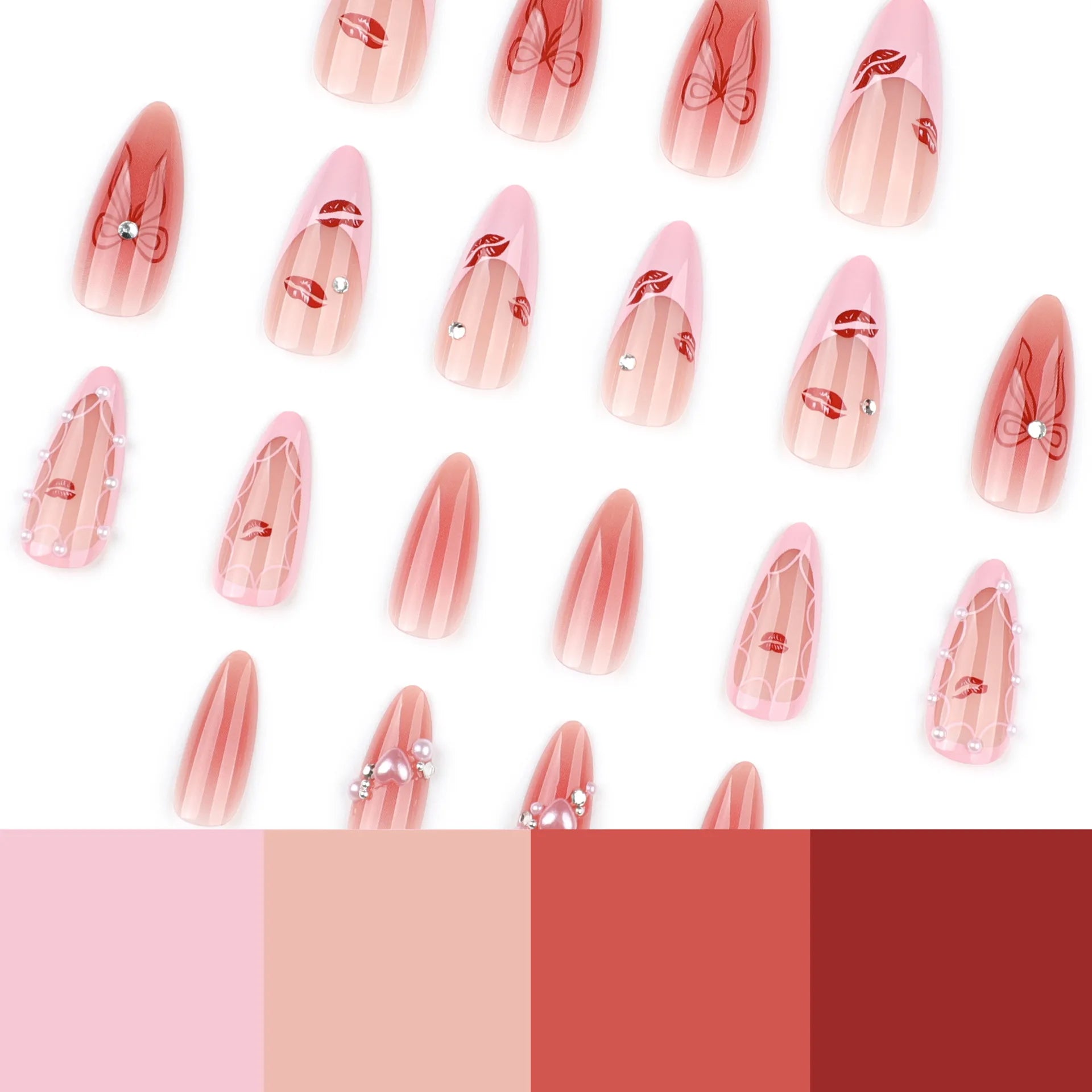 Wholesale 3824 Red Lip Print French Pink Almond Full Cover Design Acrylic False Nails Press on Nails with Glue Customize