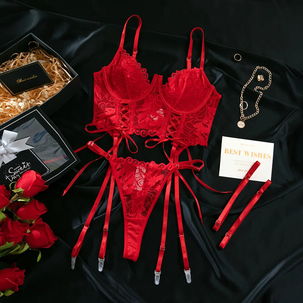 Women Sexy Lace Erotic Set Thin See Through Underwear Elegant Ladies Lingerie Bra Set Embroidery Sexy Costumes1621