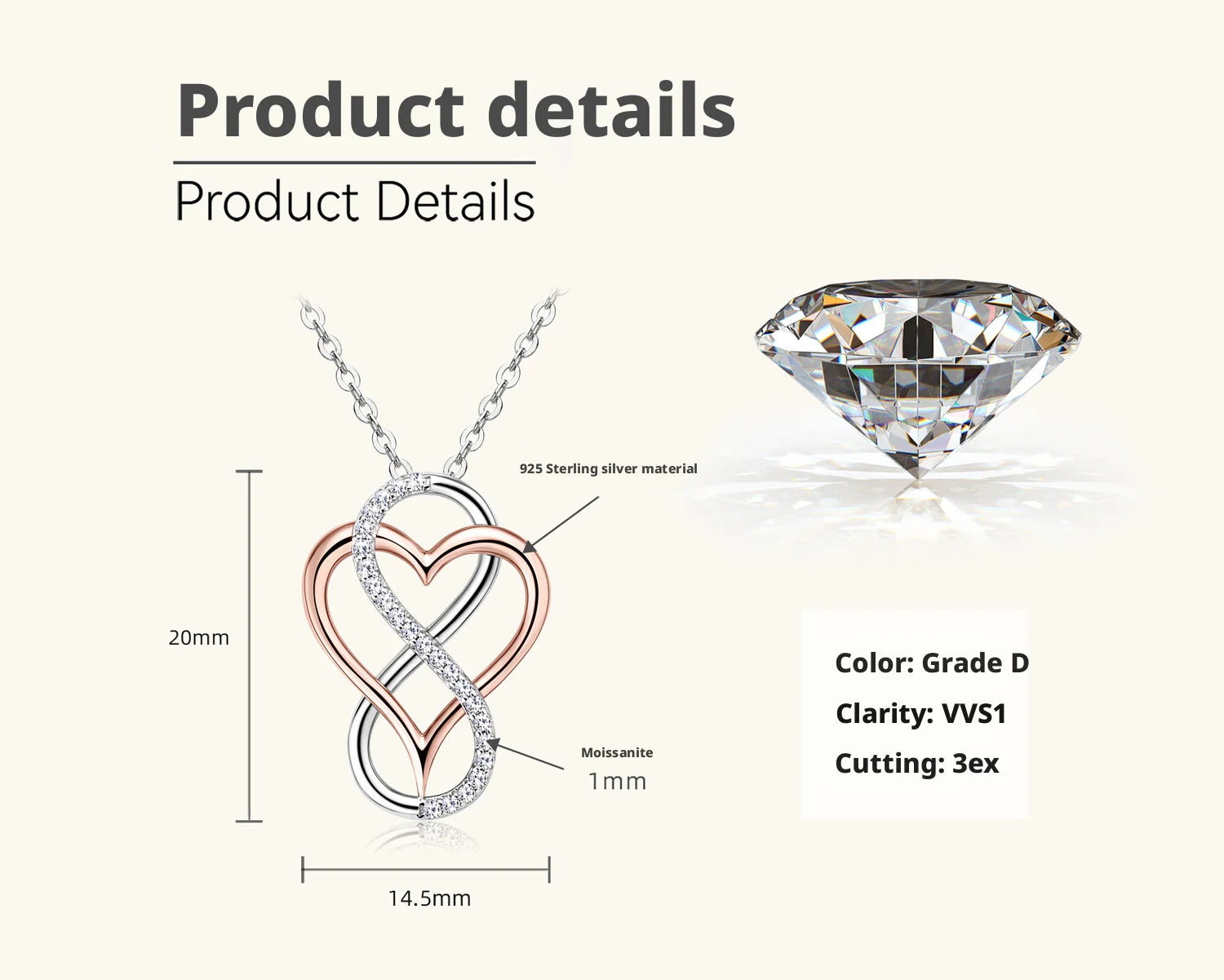 Minimalist S925 Silver Rose Gold Plated Micro Pave 0.015CT VVS GRA Moissanite Jewelry Heart Infinity Couple Necklace for Lovers