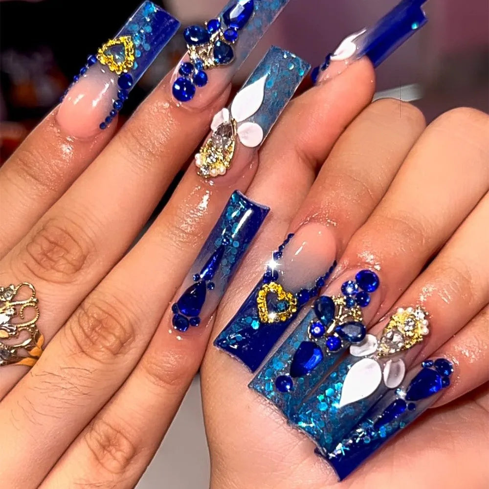 Wholesale 24 Pcs French-style Long Ballerina Coffin Sparkling Diamond Bling Nails Art Press on Nails Artificial Fingernails 3056