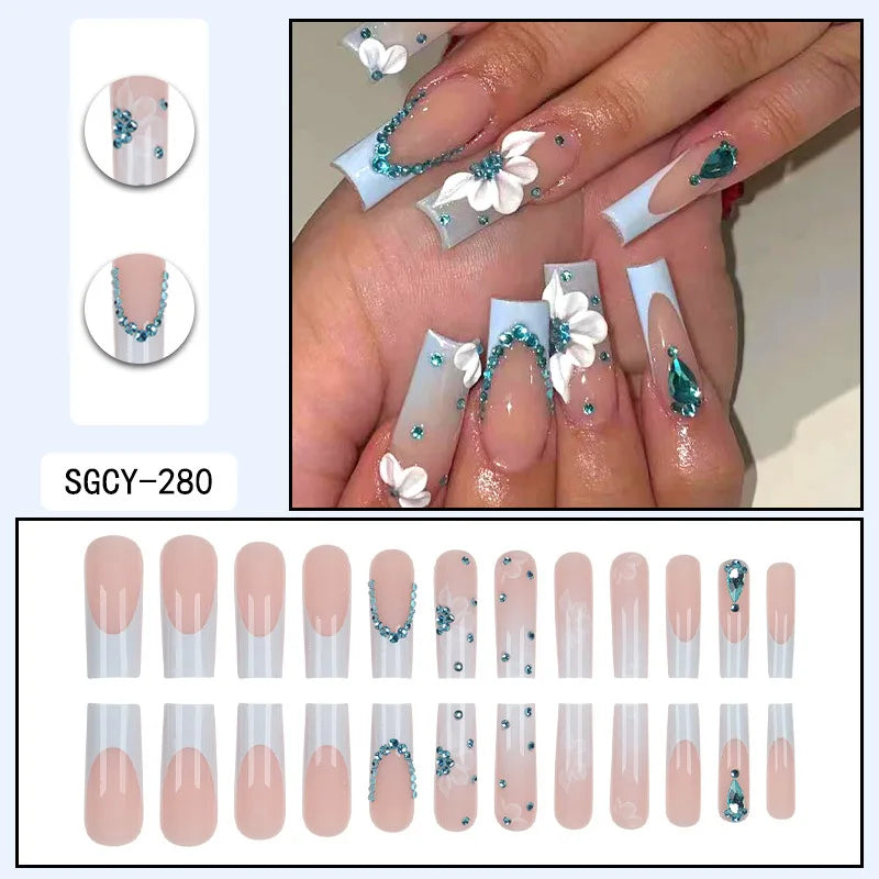 Hot-selling Long Wearable Nails with Ice-clear Sparkling Diamonds, Whitening Effect 24-piece False Nail Set for Wholesale