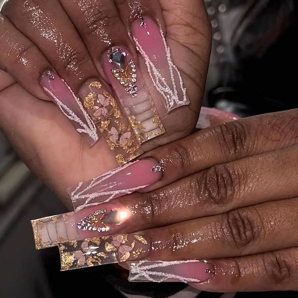 Wholesale 24 Pcs French-style Long Ballerina Coffin Sparkling Diamond Bling Nails Art Press on Nails Artificial Fingernails 3056