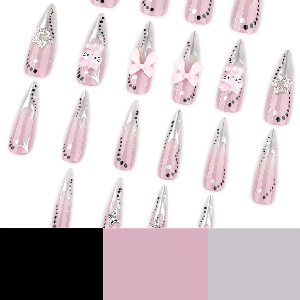2026 Latest Models Y2K Metal-style Long Pointed Nails Full Cover Wearable Nail Art Japanese Cute Sweet False Nails Glue Finger