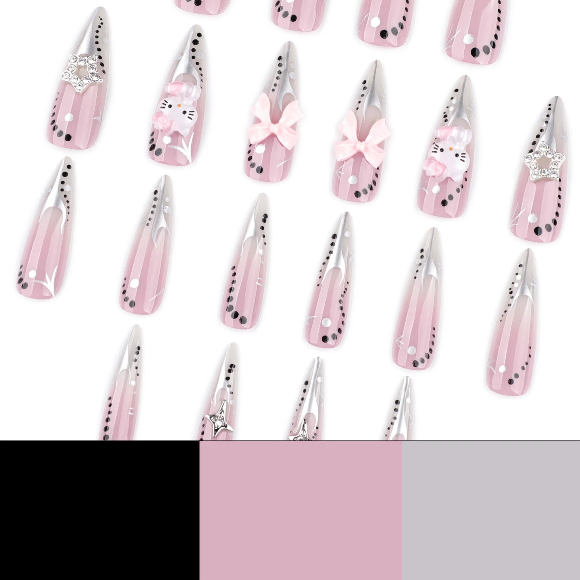 2026 Latest Models Y2K Metal-style Long Pointed Nails Full Cover Wearable Nail Art Japanese Cute Sweet False Nails Glue Finger