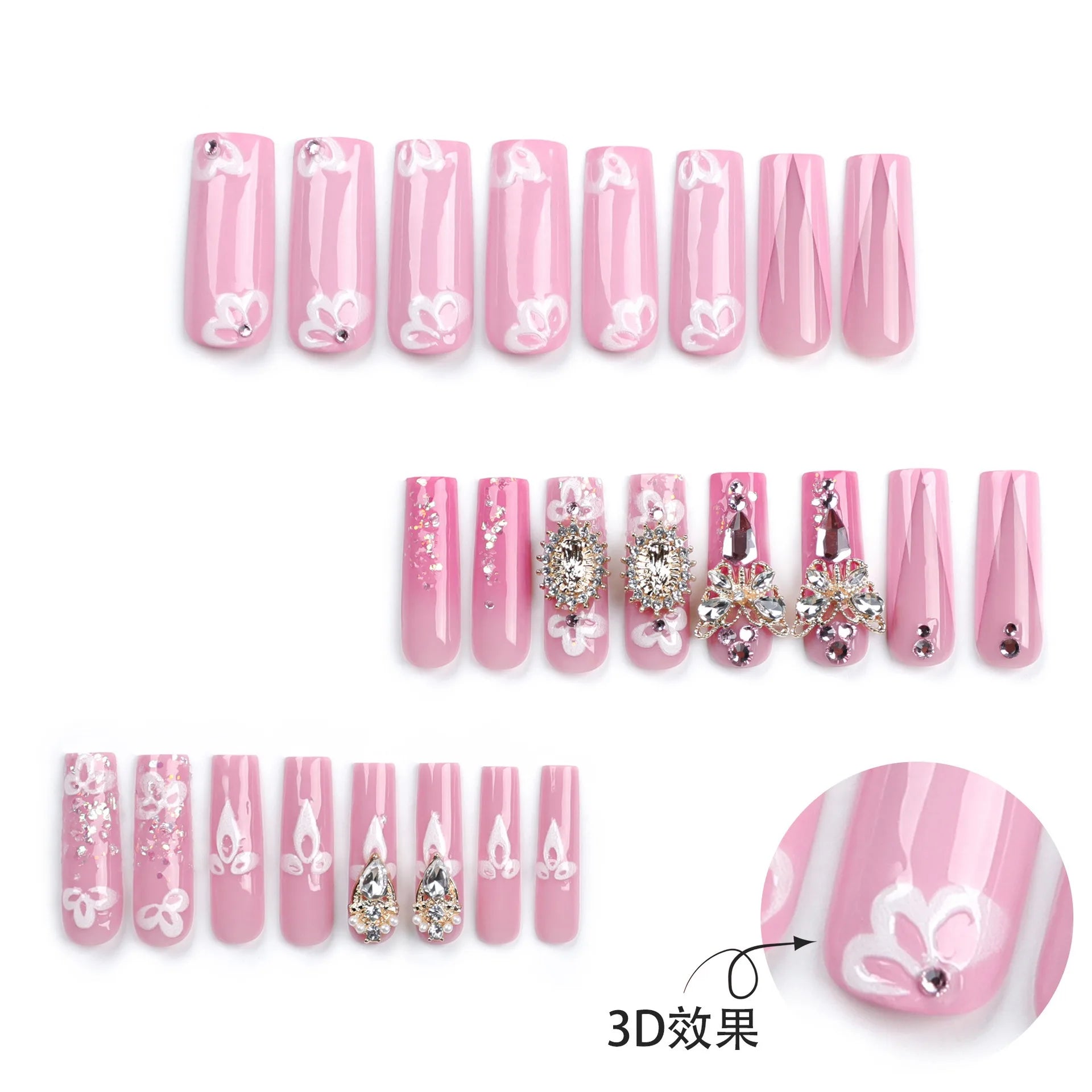 Dropshipping 24 Pcs 3D 3055 Sparkling Flower Pink French Gold Butterfly Ultra-Long Nails Press on Nails Artificial Fingernails