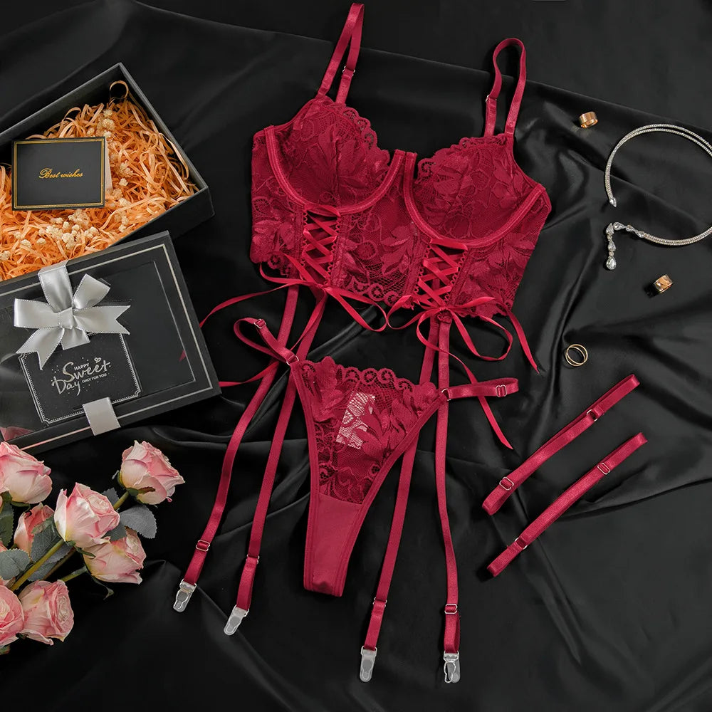 Women Sexy Lace Erotic Set Thin See Through Underwear Elegant Ladies Lingerie Bra Set Embroidery Sexy Costumes1621