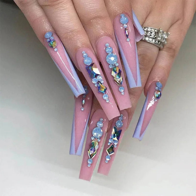 Wholesale 24 Pcs French-style Long Ballerina Coffin Sparkling Diamond Bling Nails Art Press on Nails Artificial Fingernails 3056