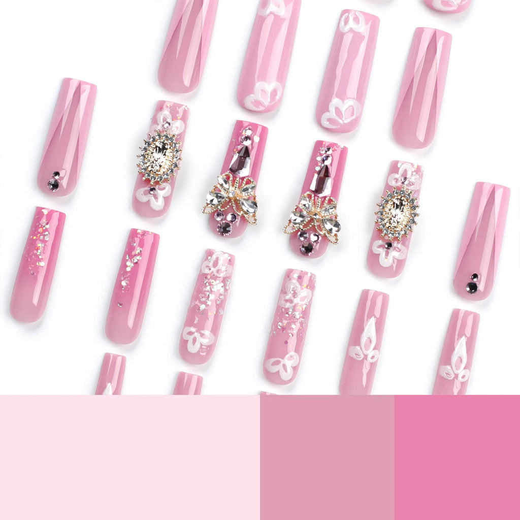 Dropshipping 24 Pcs 3D 3055 Sparkling Flower Pink French Gold Butterfly Ultra-Long Nails Press on Nails Artificial Fingernails