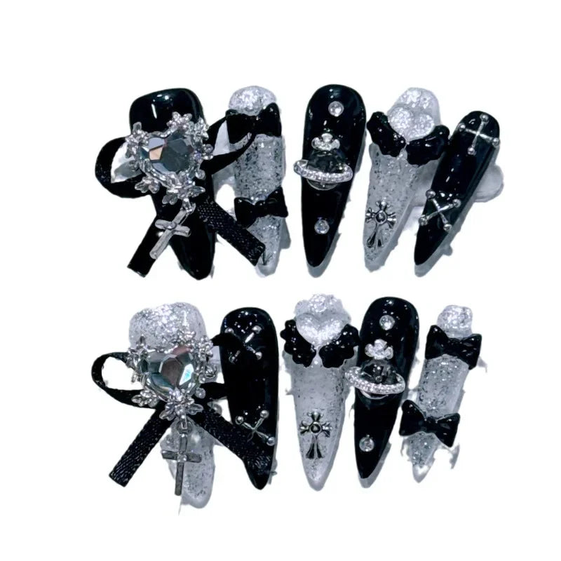 NewGoldcast Handmade Press on Nails Black Bow Tie Wearable Pink Cute Long False Nails Winter Reusable Full Cover Charm Nails Art