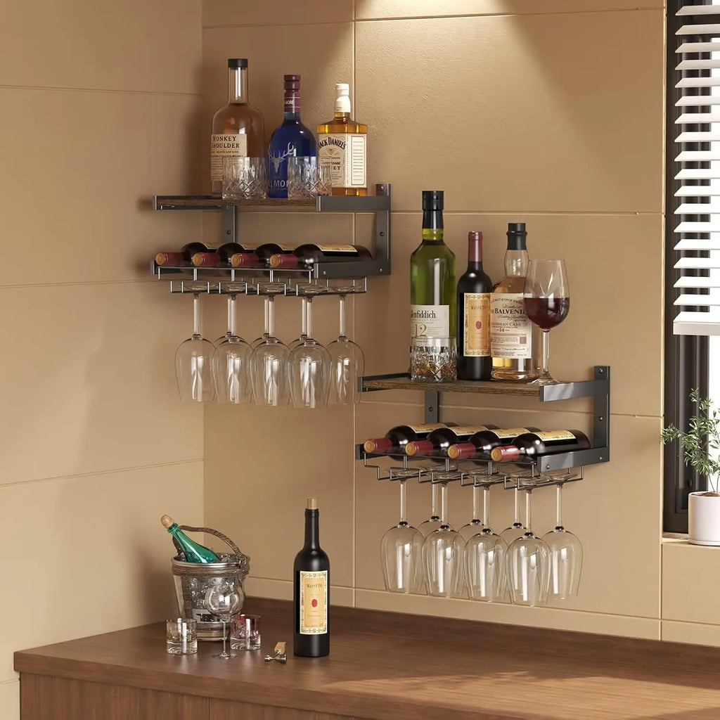Wall Mounted Wine Rack with Stemware Hanger, Industrial Design for Bar and Kitchen Storage (Brown, 2 Shelves)