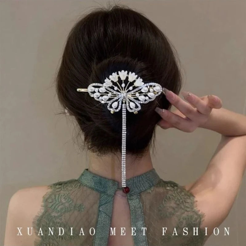 Female New Exquisite Alloy Flower Tassels Pearls Decorate Hair Clip Women's Back of The Head Hairpin Headwear Hair Accessories