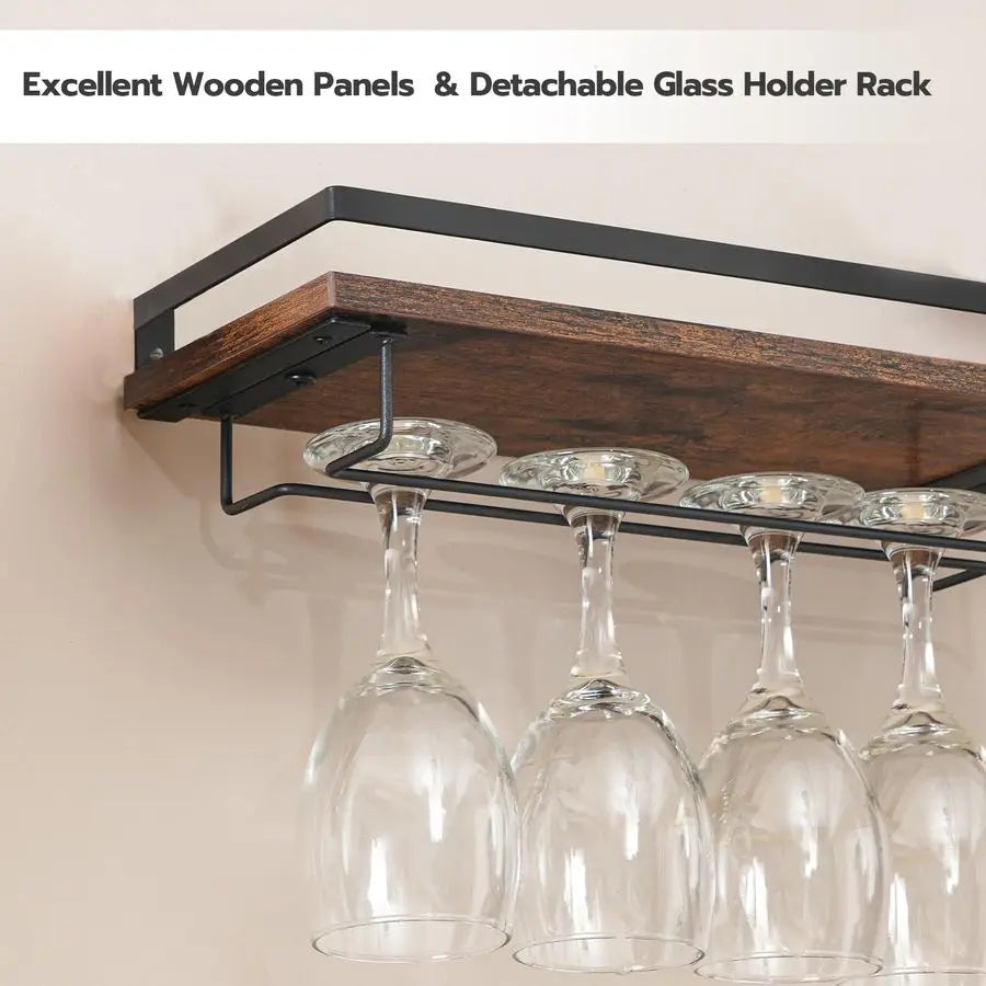 Wall Mounted Wine Rack 3 Pack, Wine Shelf Hanging Floating Wall Shelves, Wine Glass Bottle Rack Stemware Holder, for Living Room