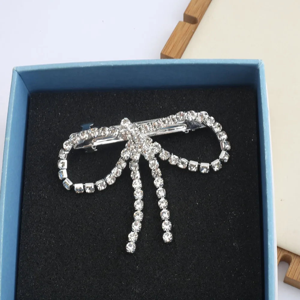Trendy Vintage Ponytail Hair Clip Shiny Elegant Rhinestone Bow Hairpins Exquisite Luxury Bowknot Side Clip Hair Accessories